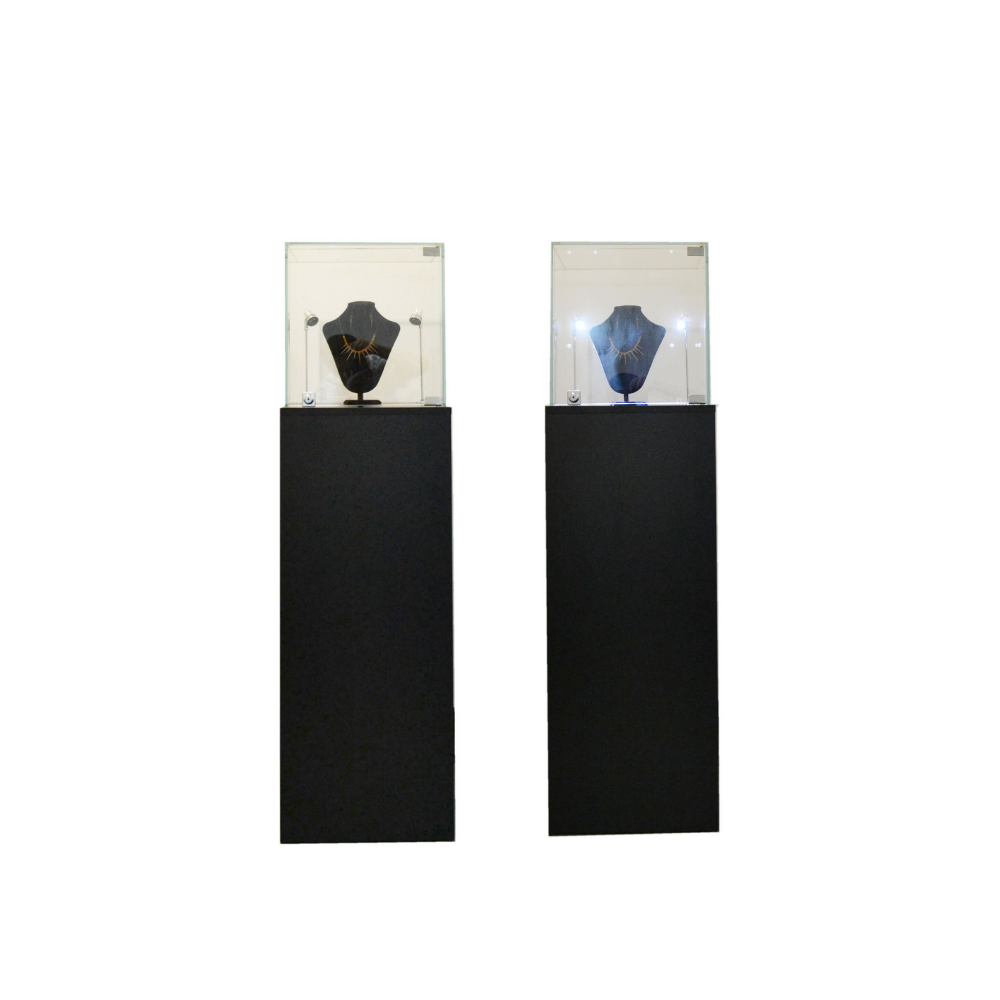 Glass Top Black Pedestal Exhibition Display Showcase with LED Lights and Lock