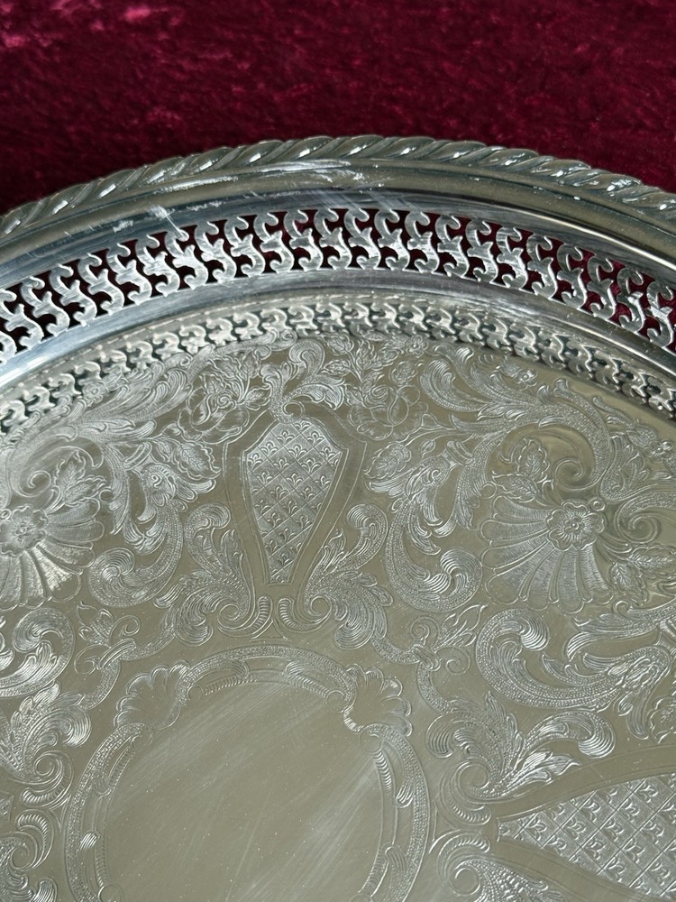 VTG Silver-plate 13” Tray Oneida USA with Scroll Etching Raised Rim Pierced.