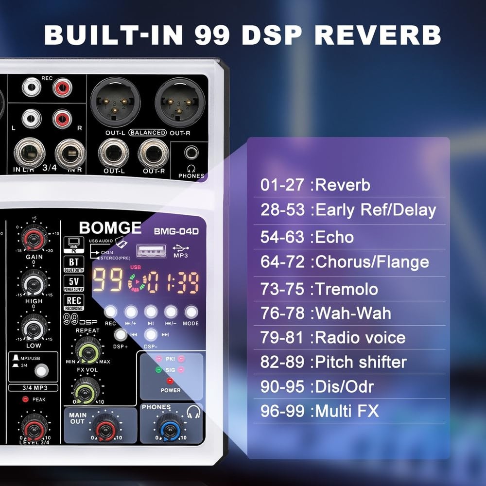 BOMGE 4 Channel dj Bluetooth Audio Mini Mixer with 99DSP Processor, USB Inter...