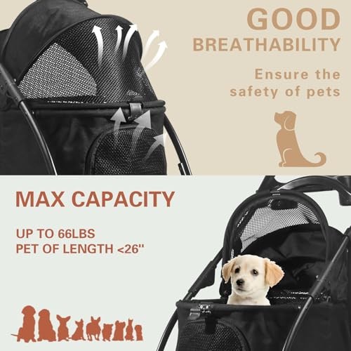 Foldable Pet Stroller, Dog Stroller for Medium Dog 20+ lbs, 4 Wheels Cats Black