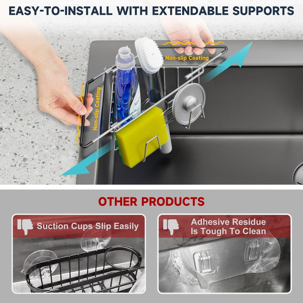 NiHome Extendable Arm Stainless Steel Kitchen Sink Corner Caddy, Easy Install...