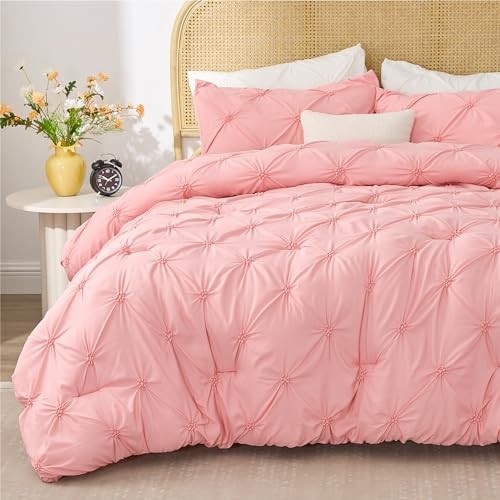 Pink Comforter Set Queen - 3 Pieces Boho Pintuck Bedding Comforter Sets,