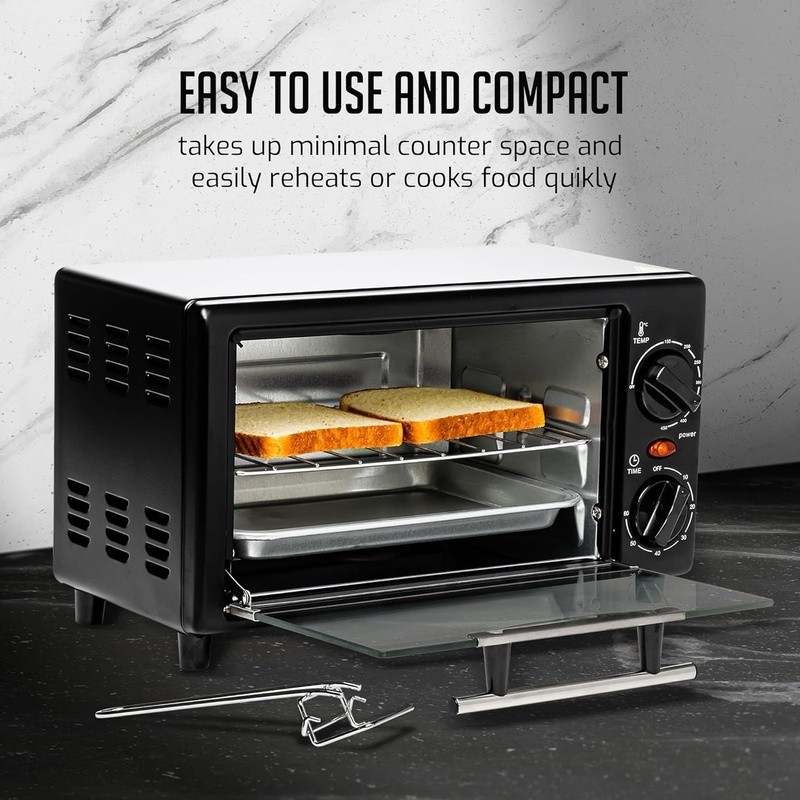 Compact Toaster Oven 750W Adjustable Thermostat Timer Easy Clean Cooking Modes