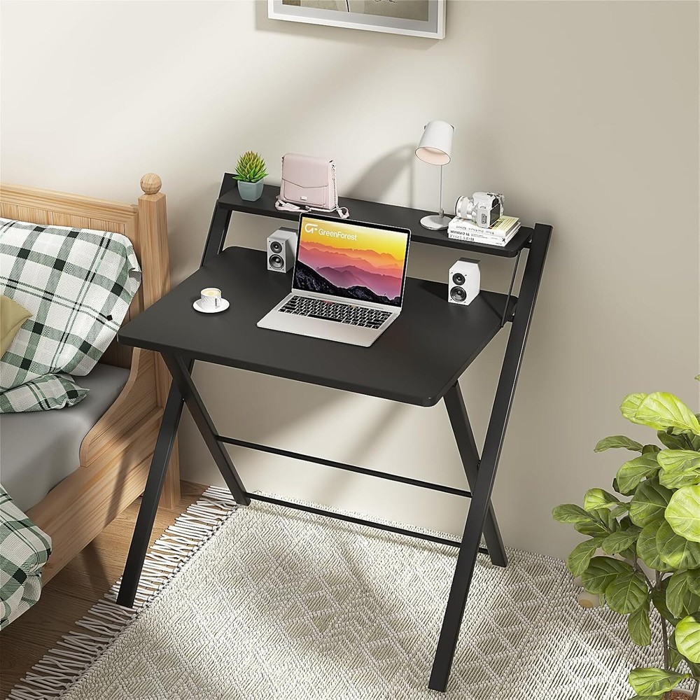 2-Tier Foldable Computer Desk Portable Laptop Study Table with Shelf Home Office