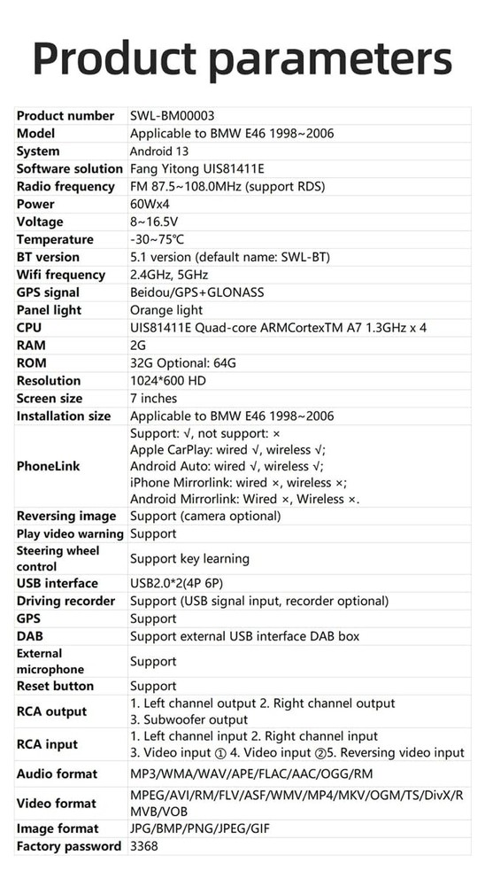 Android 13 Double Din Car Stereo for E46 1998-2006 Wireless Carplay Android Auto