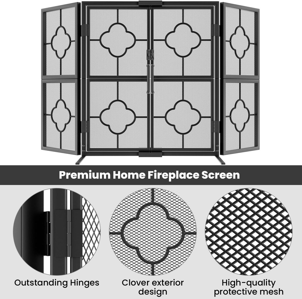 Durable Adjustable 3 Panel Fireplace Screen - Handcrafted Wrought Iron Design