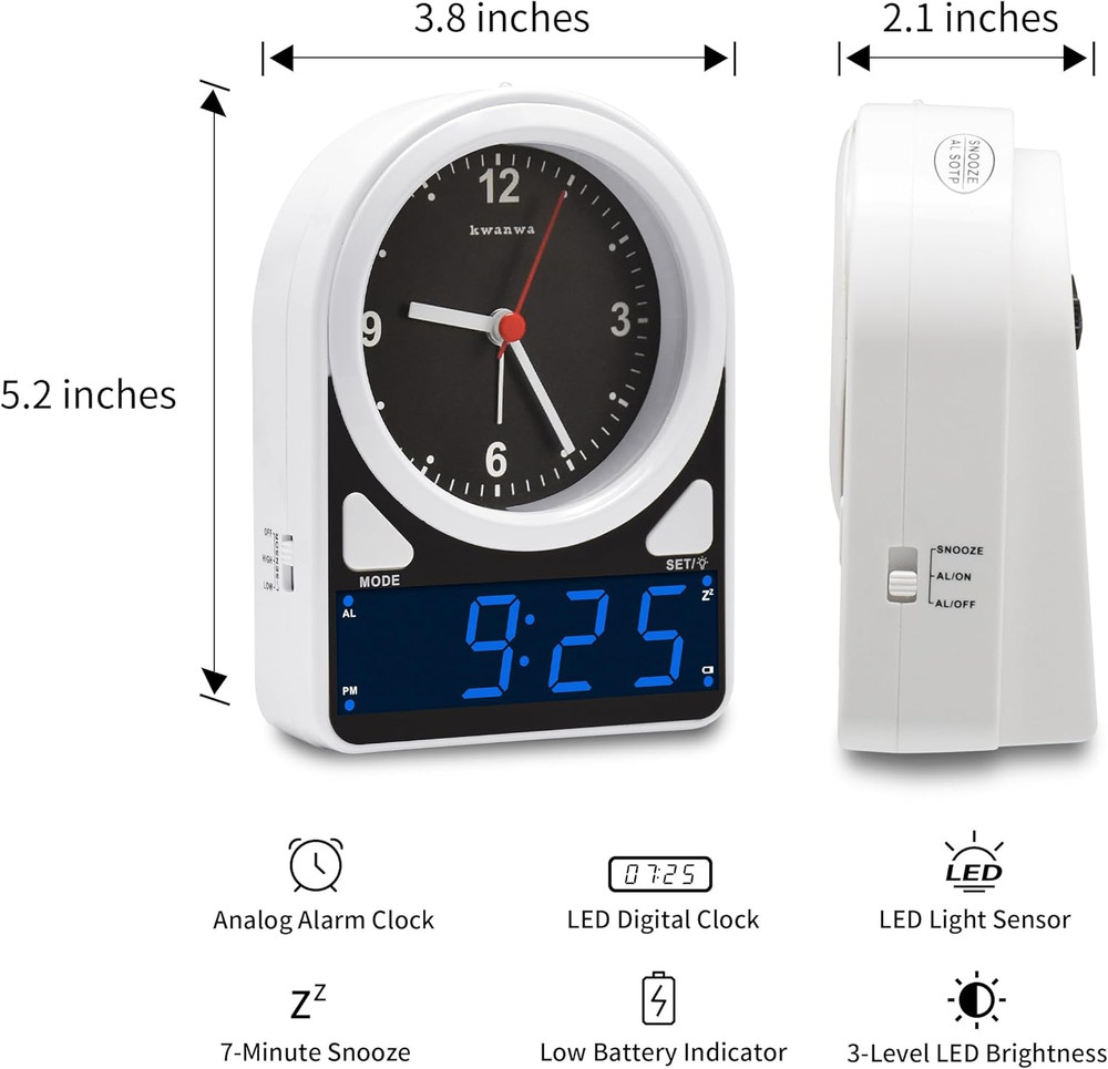 2 in 1 Alarm Clock, Analog Clock with LED Digital Clock, Light Sensor LED Clock,