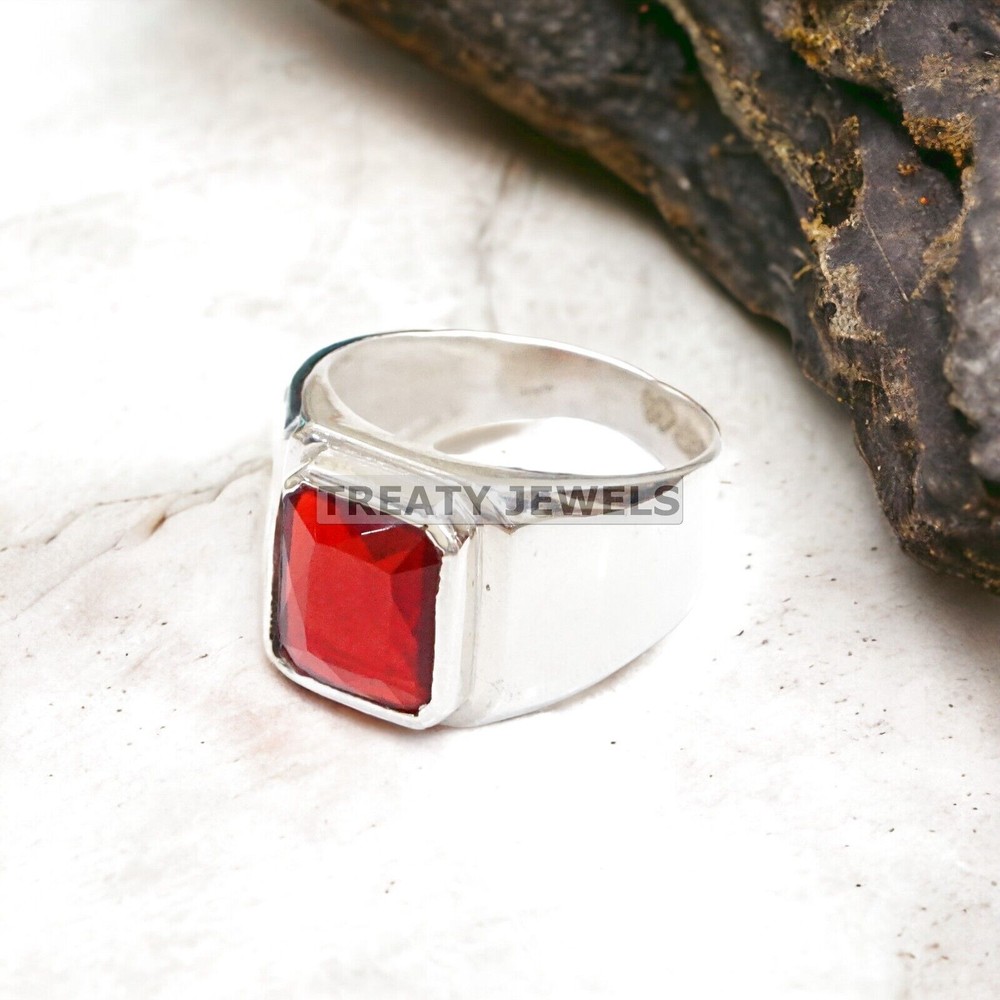 Ruby Emerald Cut Gemstone With 14K Solid White Gold Ring For Men's #989