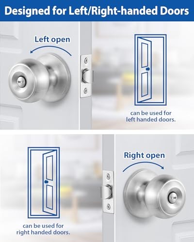 Interior Door Knobs for Bedroom or Bathroom Keyless, 5 Pack Satin Nickel