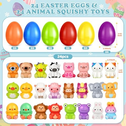 24 Pack Easter Eggs Filled with Animal Squeeze Toys, Easter Basket Stuffers