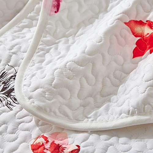 3 Piece Queen Reversible Floral Quilt Set White Red Green Queen (90x90) Flower