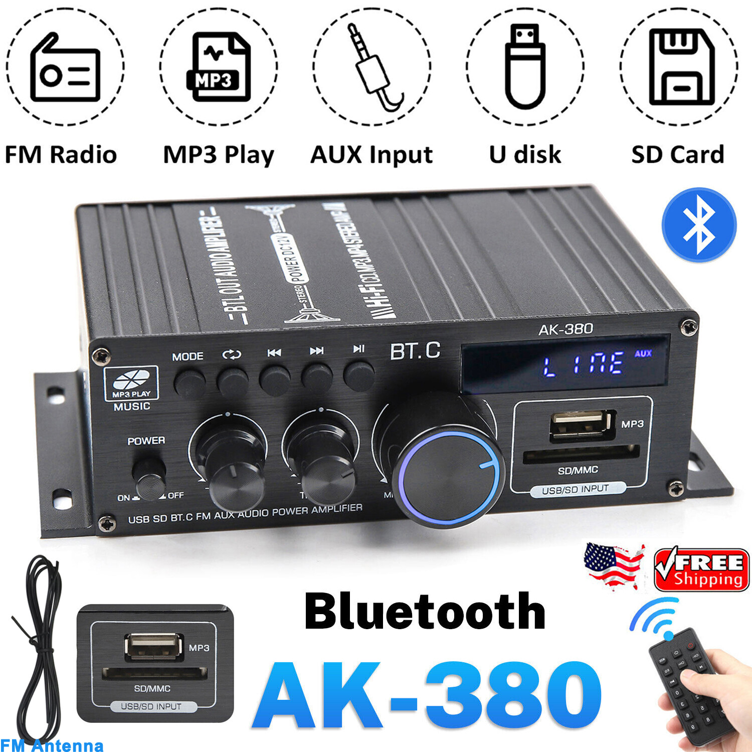 2 Channel 800W bluetooth Mini HIFI Power Amplifier Audio Stereo Amp Home Car FM