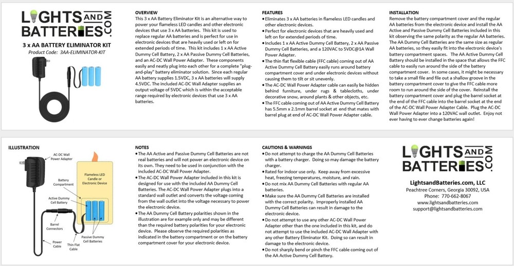 3 x AA Battery Replacement Eliminator Kit for Electronic Devices