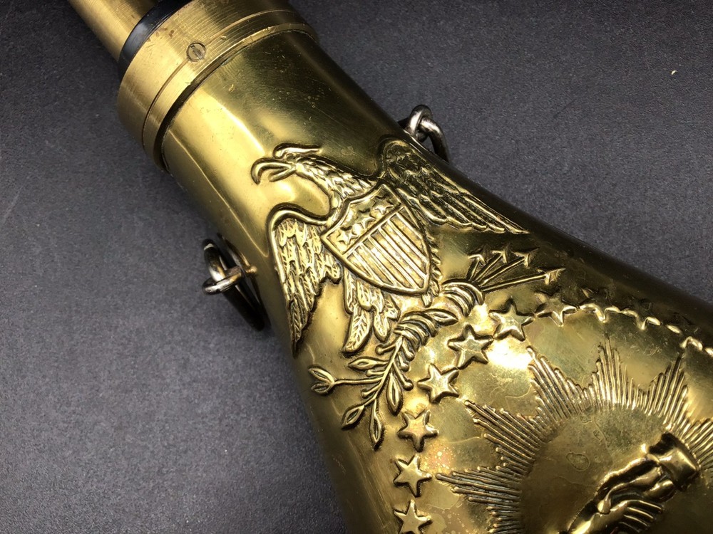 Brass Peace Pattern Powder Flask 9" x 4" U.S. Shield, Eagle & Clasped Hands