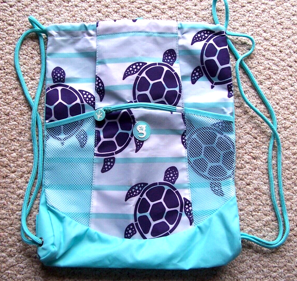 Geckobrands Drawstring Backpack Turtles Blue & White 18" x 14"