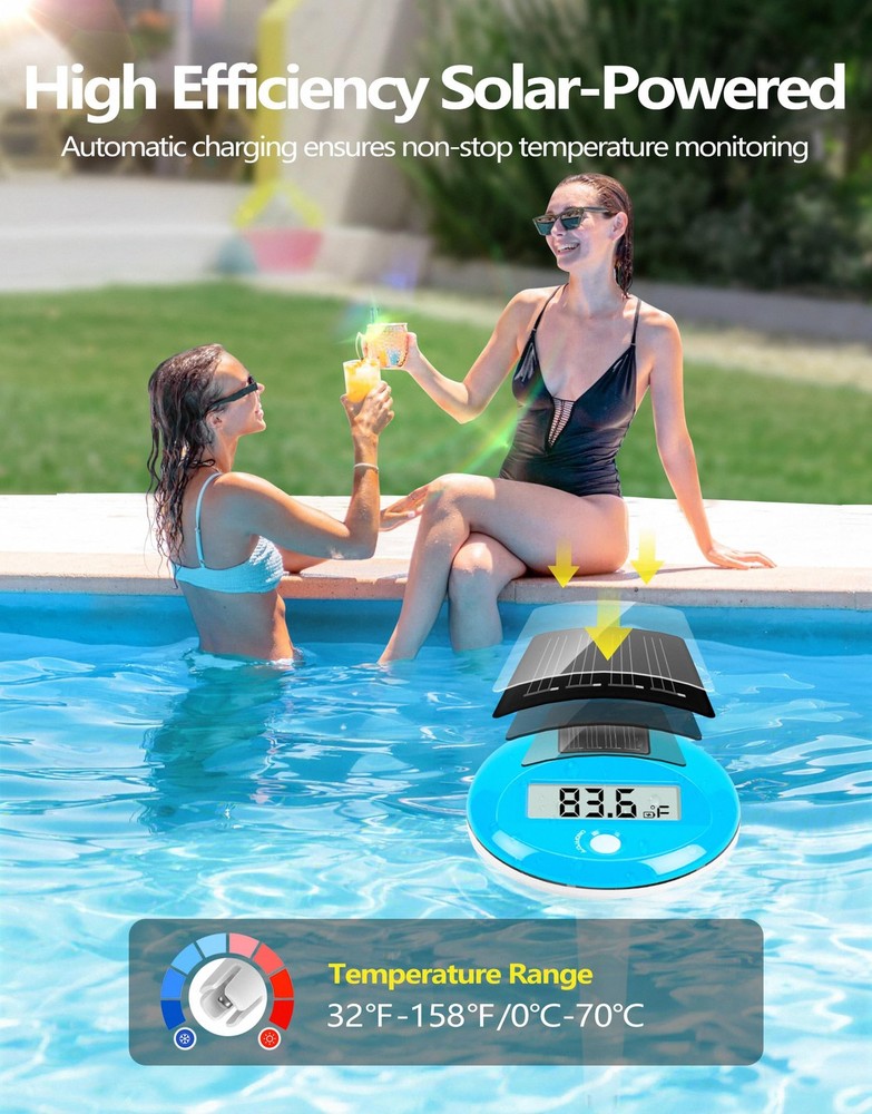 LuxBlue Floating Pool Thermometer Solar Powered | Large Compact, Light Blue