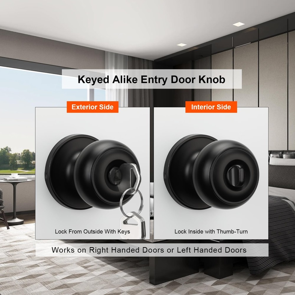 5 Pack Matte Black Door Knobs with Lock and Key, Keyed Alike Keyed Entry Door...