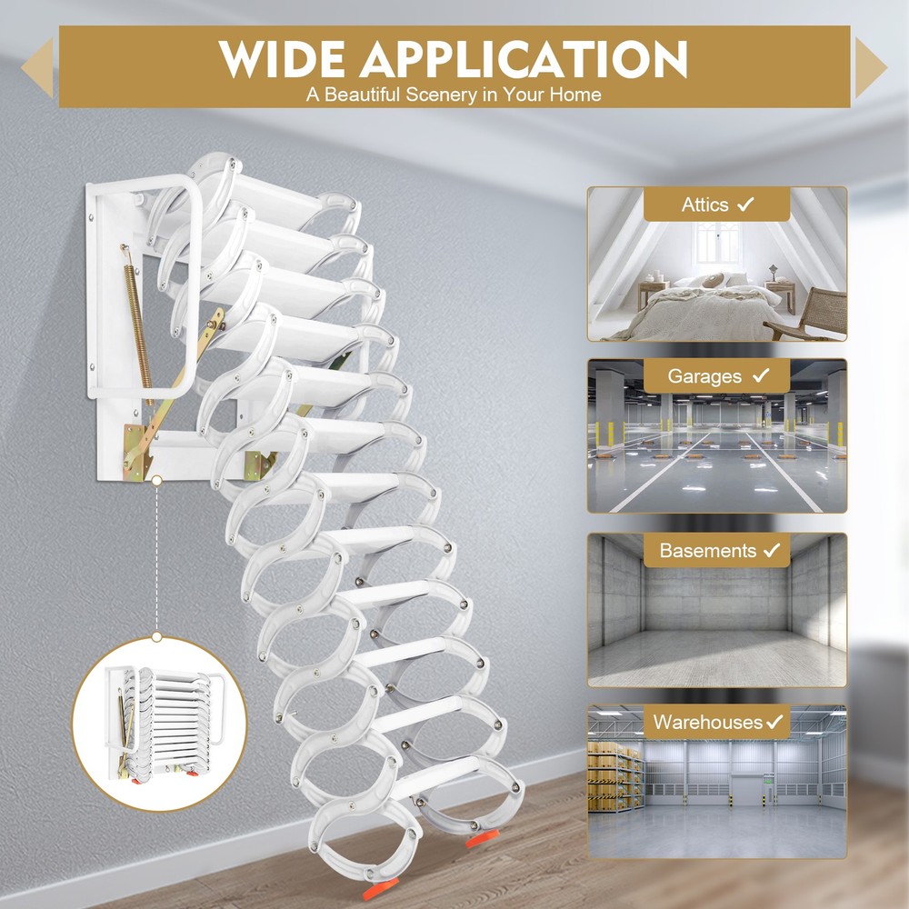 12 Step Wall Mounted Telescoping Loft Ladder Pull Down Folding Attic Stairs