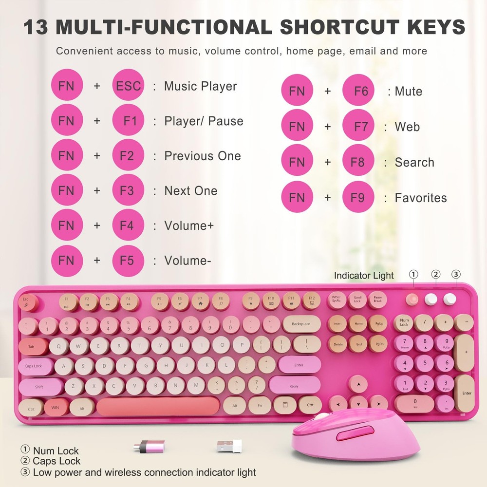 Red Wireless Keyboard Mouse Combo Full Size Retro Round Keycap PC Windows