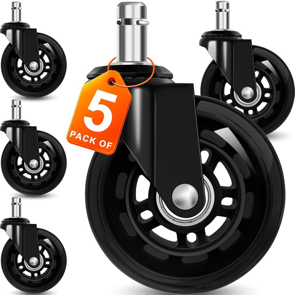 Office Chair Wheels for Casters Replacement - 3" Rubber Black
