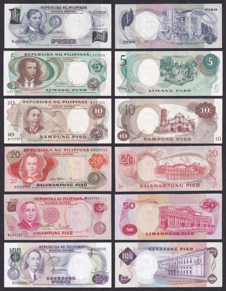 6 pcs Philippines Pilipino Series 1 – 100 Piso Marcos  1969 (ND) Banknotes