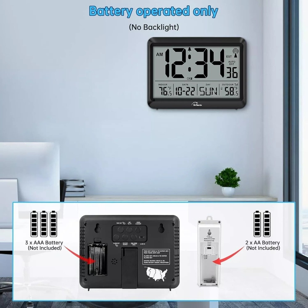 Atomic Clock With Indoor Outdoor Temperature, Self-setting Digital Wall