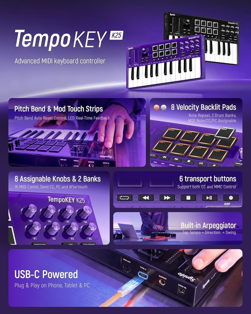 Synido 25 Key USB MIDI Keyboard Controller with Drum Pads, with OLED Screen