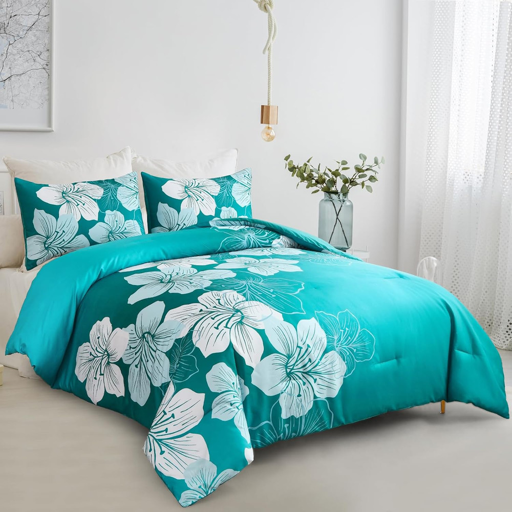 Queen Comforter Set Gradient Teal Bedding Floral Comforter Sets - Soft Microfibe