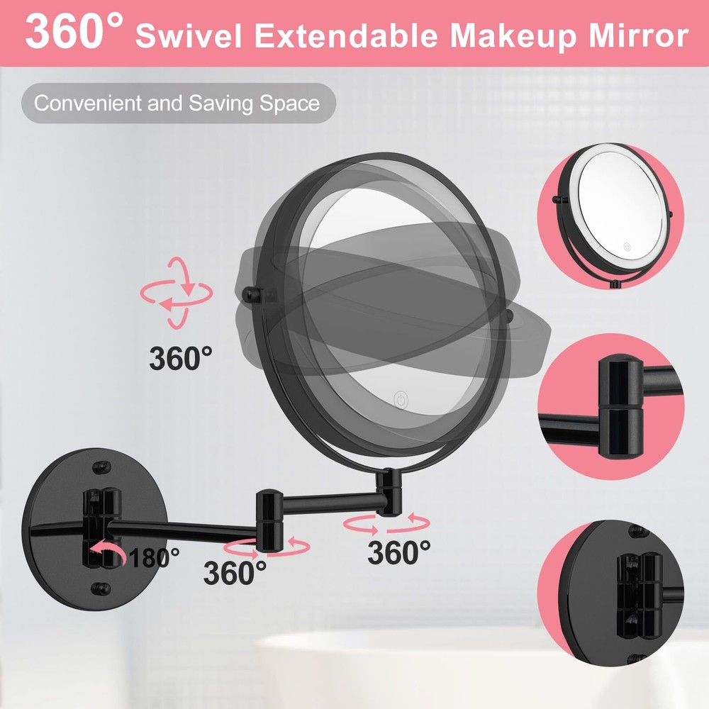 Rechargeable Wall Mounted Lighted Makeup Mirror 8" Double-Sided Magnifying Va...