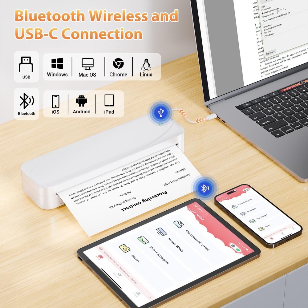 Portable Wireless Bluetooth Thermal Printer, 300DPI Inkless Travel Printer