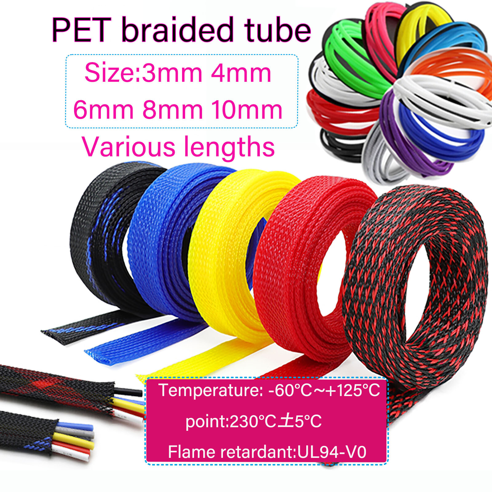 PET Nylon Braided Sleeve Tube  Car Audio Cable Wire Sleeving 3 mm - 10 mm Width