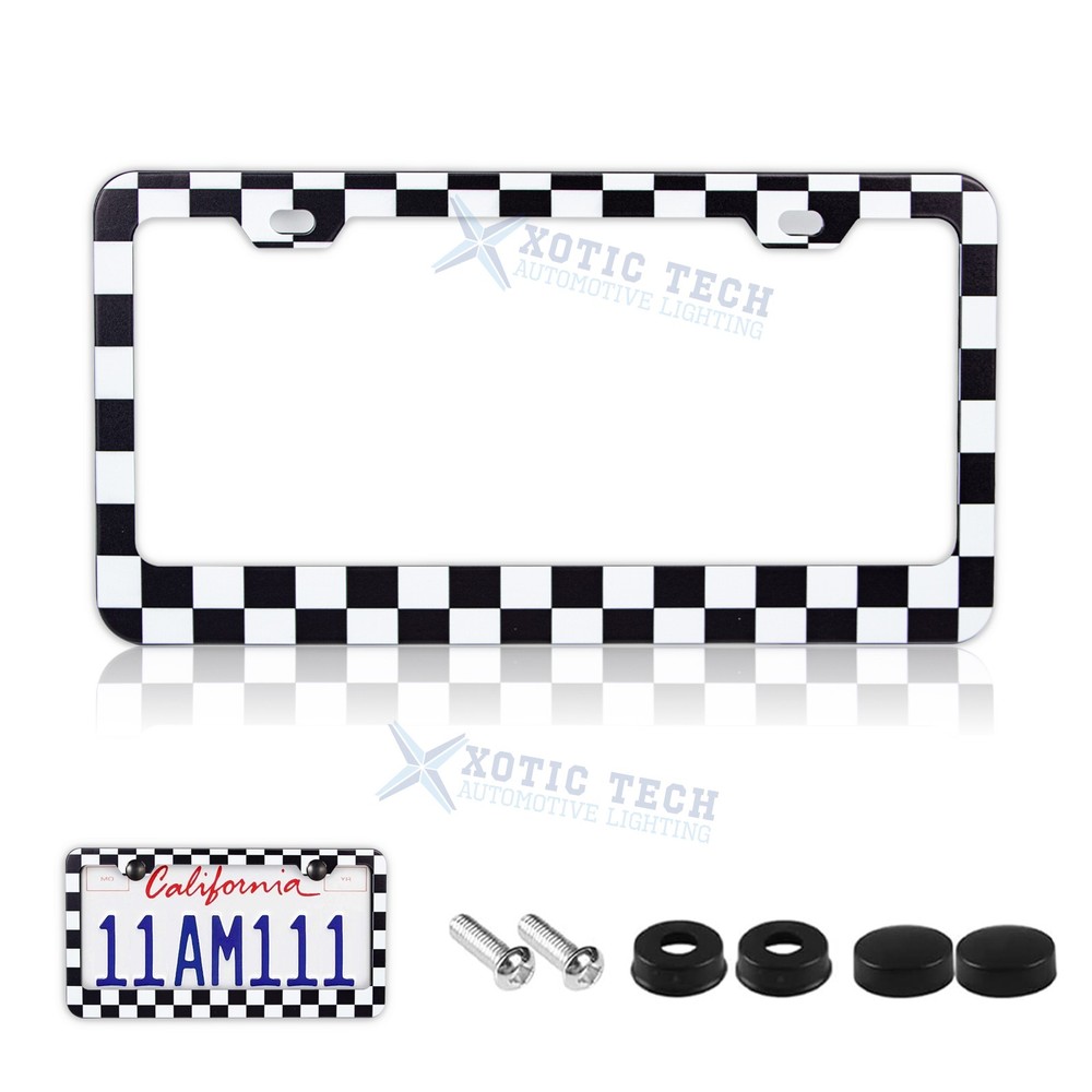 Black White Checkerboard 12”x6“ Front Back Auto License Plate Frame Decoration