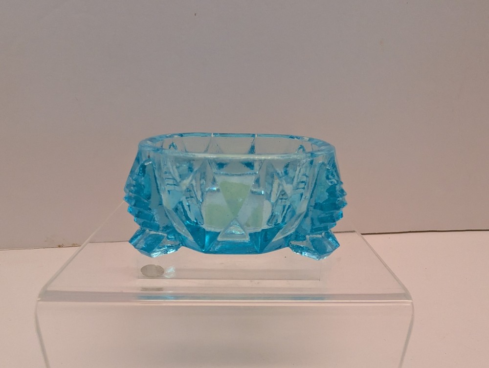 Antique Blue Pressed Glass Footed Open Salt Cellar Dip Diamond Pattern