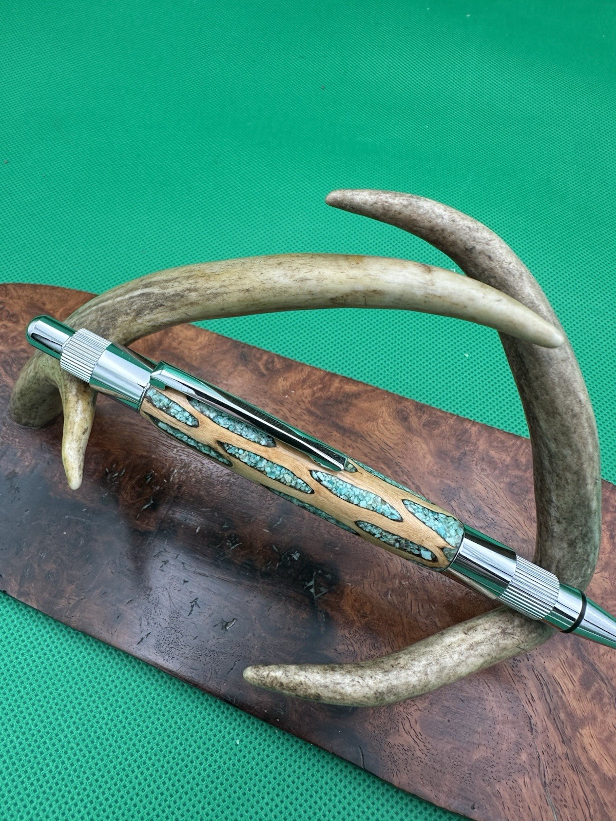 Hand Turned Mechanical Stratus Pencil With Cholla Cactus Inlaid Turquoise Chrome