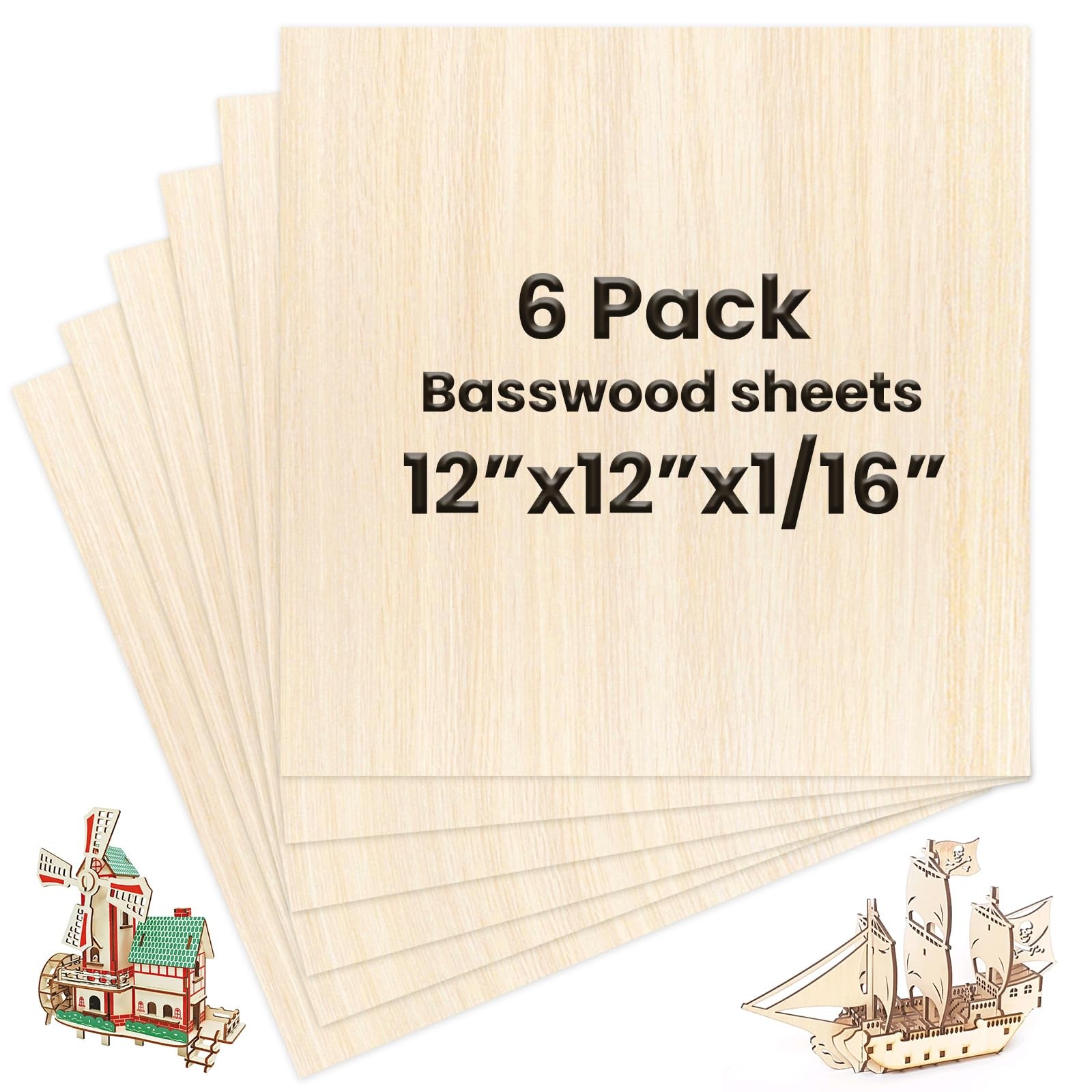 6 Pack Basswood Sheets 12x12x1/16in Unfinished for Laser Cutting Crafts Models