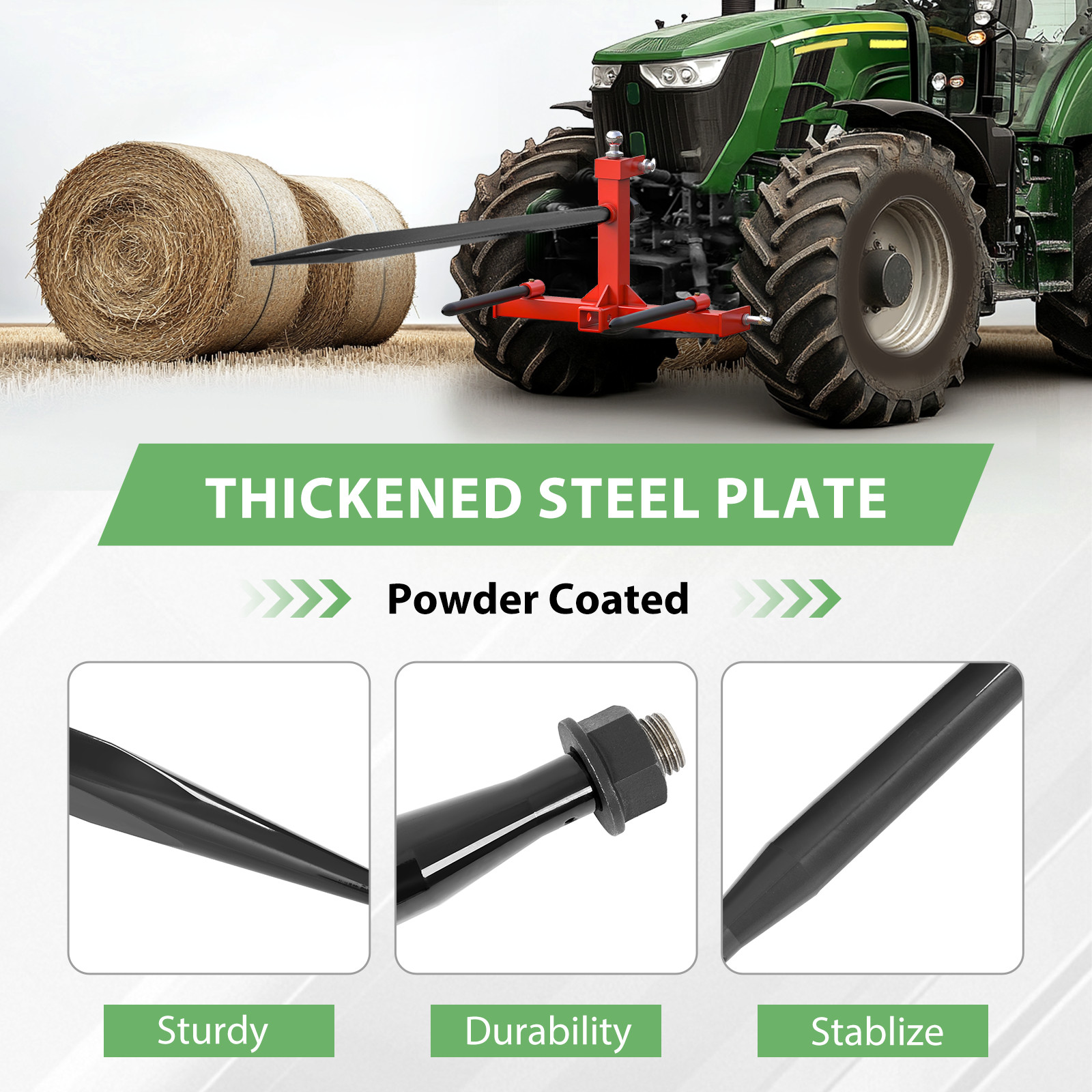 49" Hay Bale Spear 4500LBS Cap Quick Attachments For Tractor Spike Fork Tine