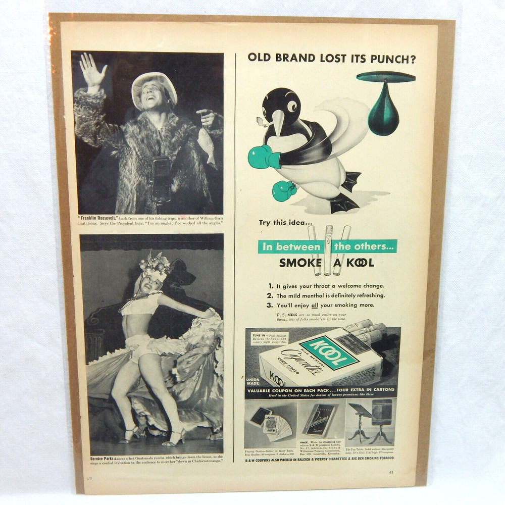KOOL CIGARETTE BROWN & WILLIAMSON CORP. 1940 ADVERTISEMENT