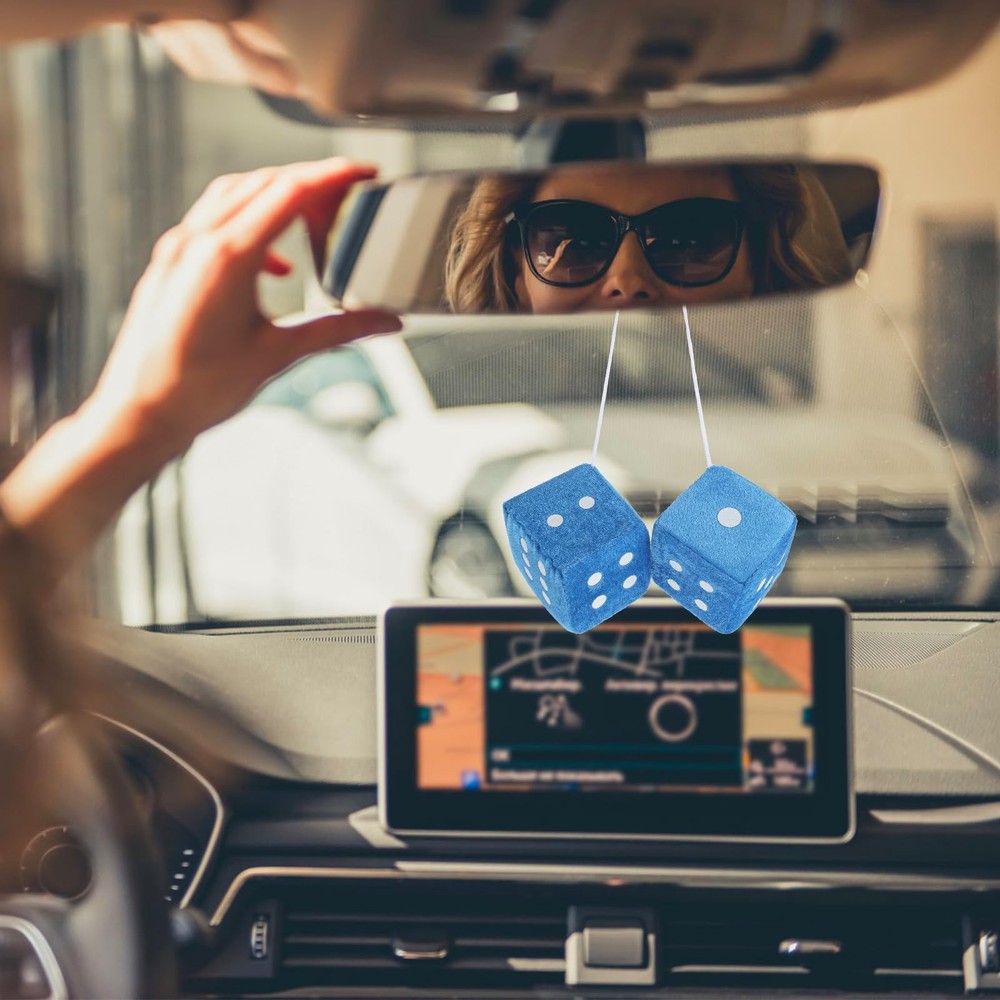 Fuzzy Dice for Rear View Mirror, Blue Car