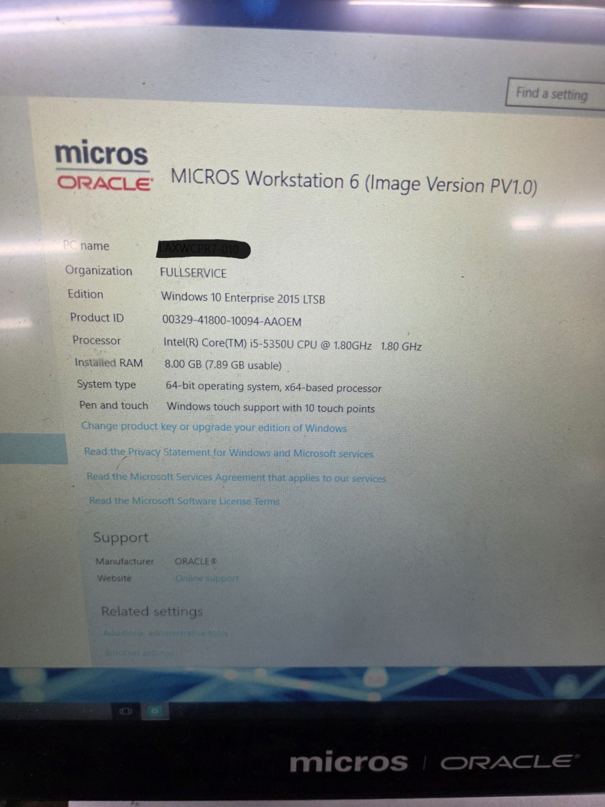 Micros Oracle 7321805 Workstation 6 Touchscreen POS Windows 10 Enterprise 2015