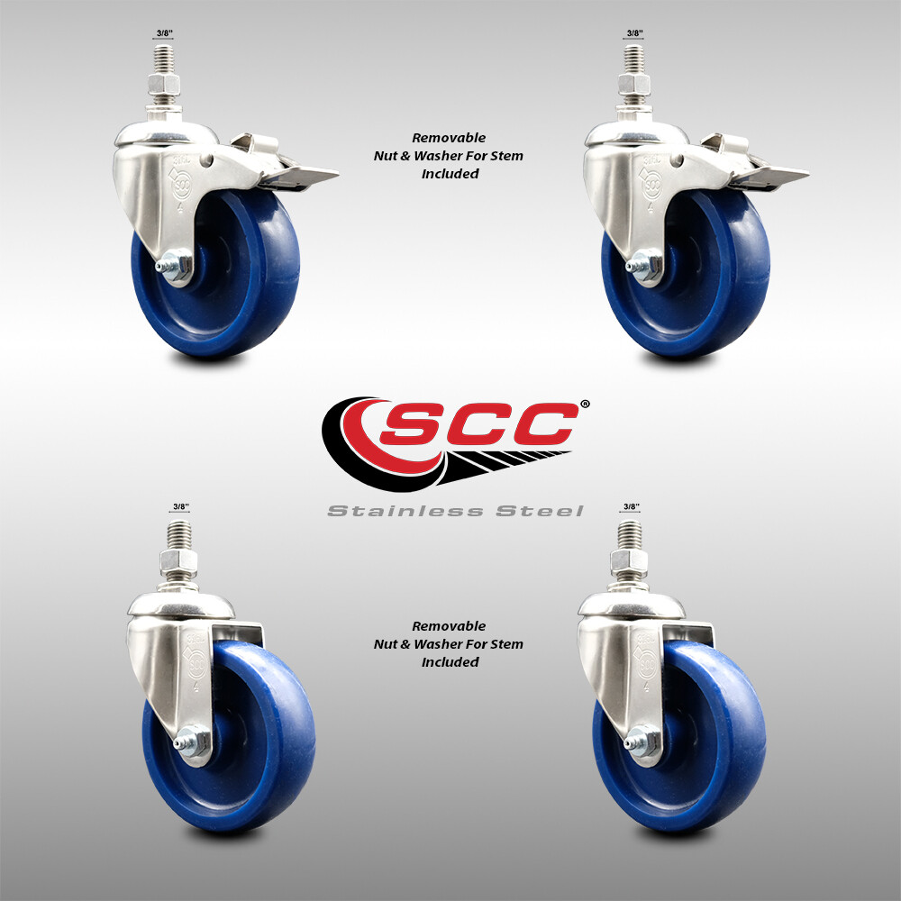 4 Inch 316SS Solid Polyurethane 3/8 Inch Threaded Stem Caster Set 2 Lock Brake