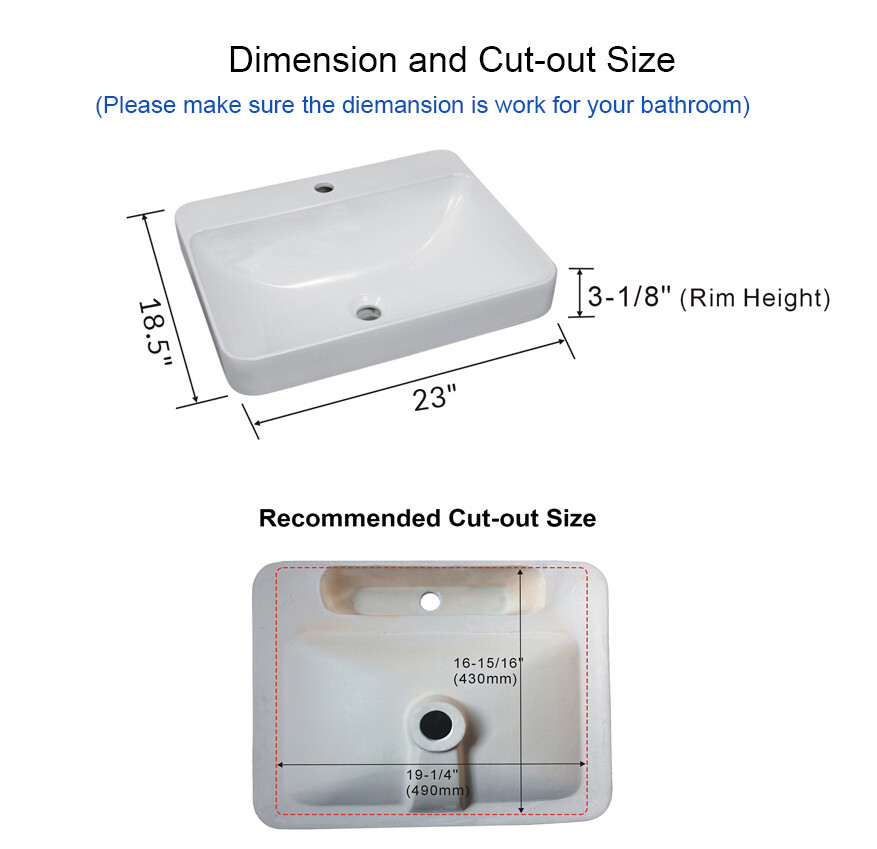 23" Rectangular Drop in Bathroom Vanity Sink with Overflow and Faucet Hole White