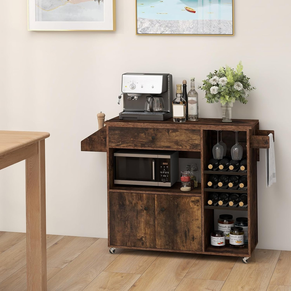 Rustic Brown Rolling Kitchen Island Cart with Drop-Leaf & Power Outlet