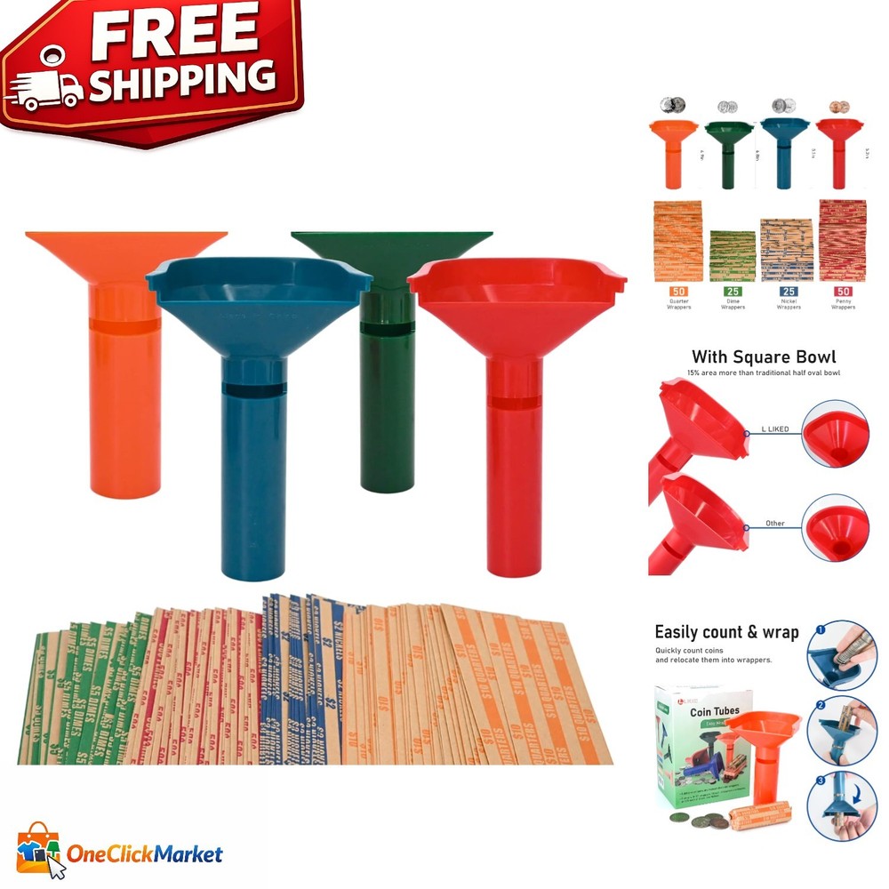 150PCS Color-Coded Coin Wrappers & 4 Durable Sorting Tubes - Easy Load System