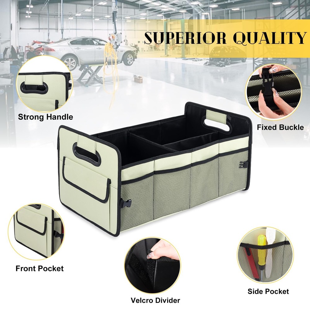 Car Trunk Organizer Collapsible Multi Compartment Box Adjustable Light Green