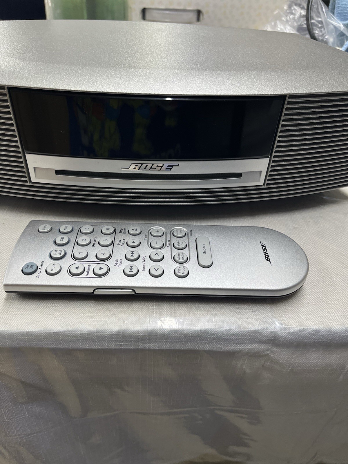 Bose Wave Music System Clock Radio CD/AM FM Silver Remote Control Read See Pics