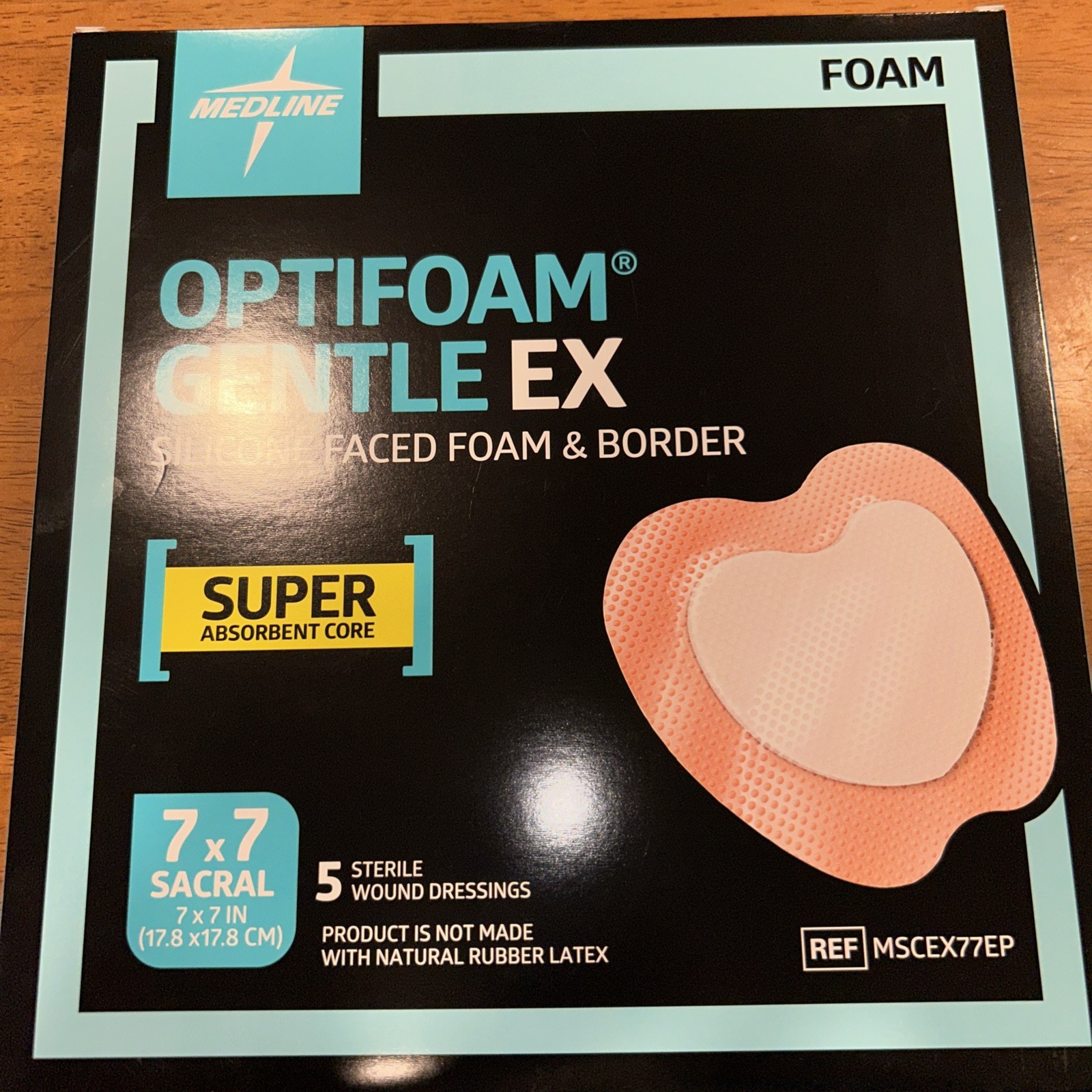 Medline Optifoam Gentle EX Bordered Foam Adhesive Dressing, 7" x 7" Sacral, 5ct