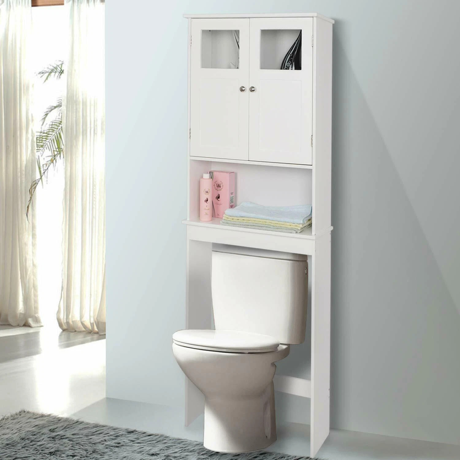 Over The Toilet Storage Cabinet Bathroom Shelf Organizer with Anti-Tip Device