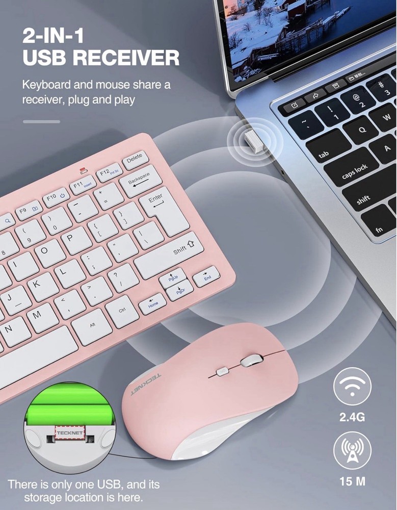 TECKNET Wireless Keyboard and Mouse Combo, Mini Cordless Computer Keyboard an...