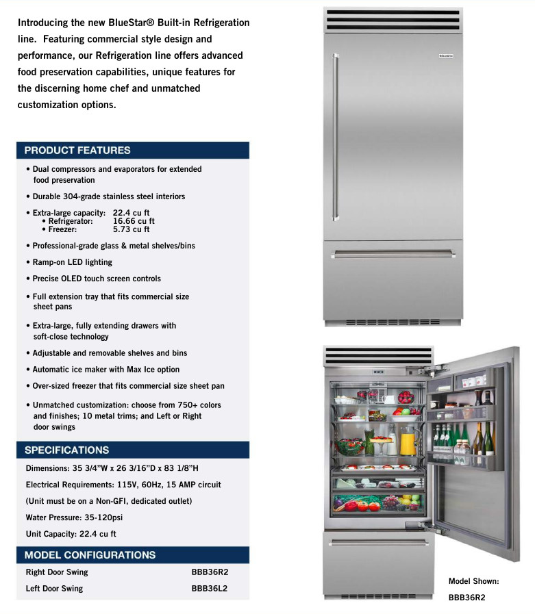 BlueStar 36" Built In Bottom Mount Refrigerator Stainless, Right Hinge - BBB36R2