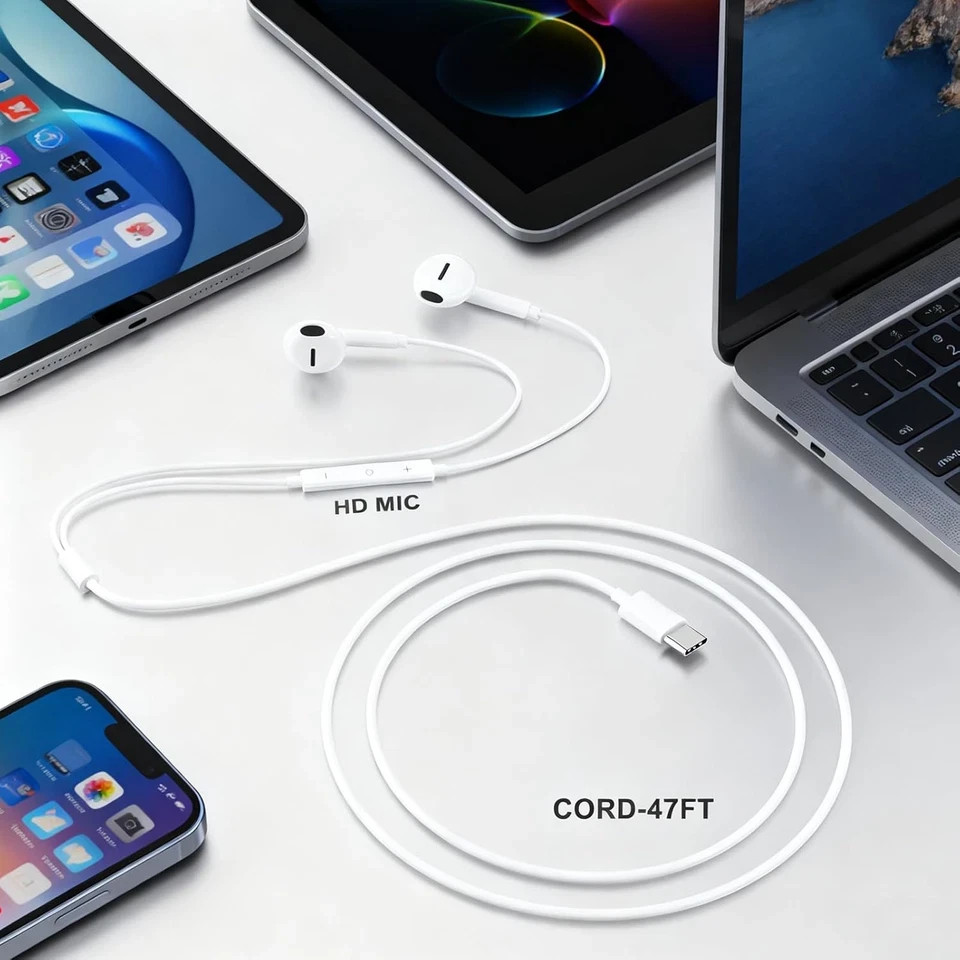 Apple Compatible EarPods Headphones USB-C Plug Wired For iPhone 15 16 17 Pro Max